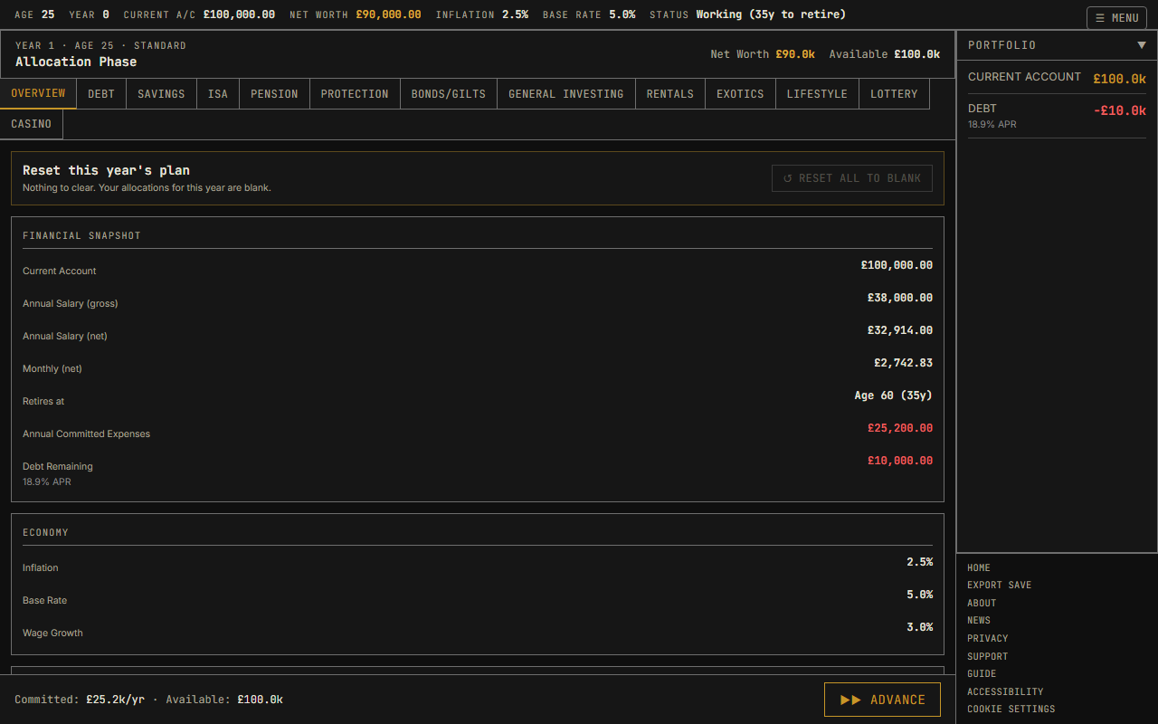 The Quidsmith yearly allocation screen, showing tabs for cash, ISAs, pension and investments with amounts being assigned across them for the current year.
