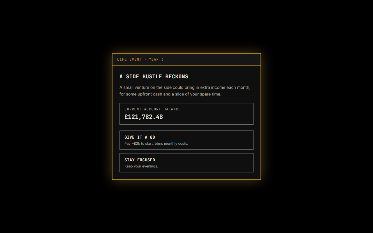 A Quidsmith life-event decision card mid-run, titled 'A side hustle beckons', offering a choice to pay to start a small venture or stay focused, with the current account balance shown above.